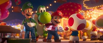 An animated scene from 'The Super Mario Galaxy Movie' featuring Mario and Luigi walking happily, with a friendly green dinosaur character, Yoshi, alongside them. Colorful balloons and festive decorations create a lively atmosphere, while a small character holds a candy.