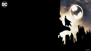 A Zoom virtual background from DC Comics featuring the Batsignal.