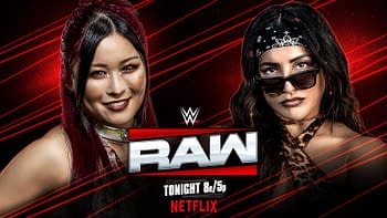 Two female wrestlers pose for a promotional graphic for WWE Raw. One has long, dark hair with red highlights and a joyful expression, while the other, wearing sunglasses and a bandana, has a serious demeanor. The background features red lines with the WWE logo and details about the show tonight.