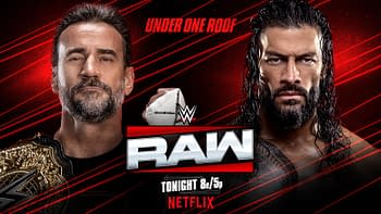 A promotional graphic for WWE Raw features two wrestlers: one on the left with a championship belt, and another on the right with a serious expression. The background is red with bold lines, and the text indicates that the event is airing tonight on Netflix at 8 PM Eastern.