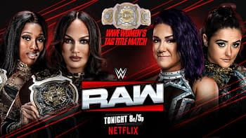 A promotional graphic for WWE Raw featuring two pairs of women wrestlers. The left pair holds championship belts, while the right pair has prominent expressions. The WWE logo and details about the women's tag title match at 8 PM on Netflix are included.