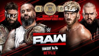 A promotional graphic for WWE Raw features two wrestlers with championship belts on the left and two opponents on the right, emphasizing a World Tag Team Championship Street Fight. The graphic includes the WWE logo and details about the broadcast on Netflix tonight.