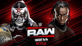 A promotional graphic for WWE Raw featuring two wrestlers, one wearing a detailed mask and championship belt, and the other with braided hair, both against a red background with text indicating the event is tonight on Netflix.