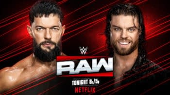 Two professional wrestlers face off in a promotional image for WWE Raw, featuring prominent lighting and a red background. Finn Bálor is on the left with a serious expression and a beard, while JD McDonagh is on the right, smiling and sporting longer hair.