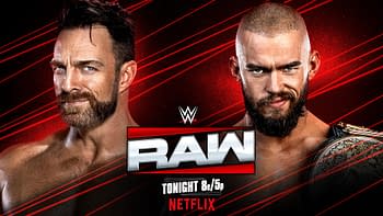 A promotional graphic for WWE Raw featuring two wrestlers, one with a beard and long hair and the other with a shaved head and wearing a championship belt. The background has red and black lines, highlighting the WWE logo and show details.