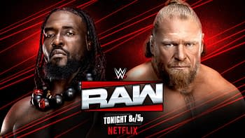 A promotional graphic features two wrestlers, one with long hair and beads around his neck, and the other with a short ponytail and a beard, set against a red background with dynamic lines. The WWE Raw logo is prominently displayed, announcing the event will be live tonight at 8 PM.