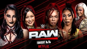 Promotional image featuring four female wrestlers: Rhea Ripley, IYO SKY, B-Fab, and Michin, highlighted against a red and black background with the WWE logo. They are posed confidently, showcasing unique styles and expressions.