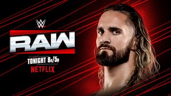 WWE RAW promotional graphic featuring Seth Rollins, who has long hair and a beard, with a serious expression. The background is red with bold black lines and the RAW logo displayed prominently.