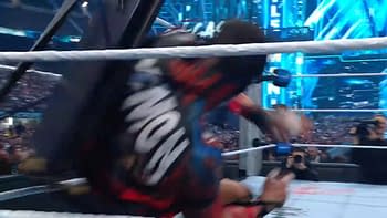 A dramatic wrestling scene where a competitor is leaping off the ropes, preparing to perform a high-flying move. The audience is captured in excitement amidst a vibrant arena backdrop.