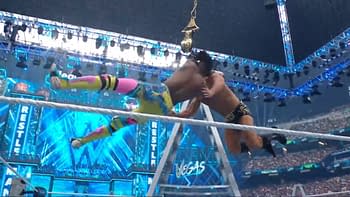 A dynamic wrestling match scene featuring two wrestlers engaging in a dramatic maneuver above a tall ladder. One wrestler is executing a kick while the other braces for impact. The vibrant background showcases an illuminated arena filled with cheering fans.