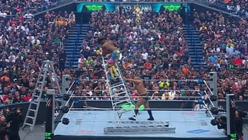 In a wrestling match at WrestleMania, one wrestler climbs a ladder while another is positioned below, creating a tense moment. The arena is filled with enthusiastic fans.