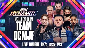 AEW Dynamite promotional graphic featuring Team DCMJF, with several wrestlers posed around the AEW logo and championship belt. Text says they'll hear from Team DCMJF live tonight.