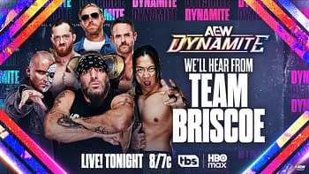 AEW Dynamite promotional graphic featuring Team Briscoe wrestlers posed against a neon frame, with a large