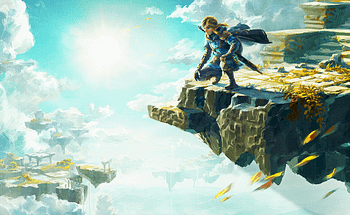 Illustration from The Legend of Zelda: Tears of the Kingdom showing Link crouched on a floating cliff high above the clouds.
