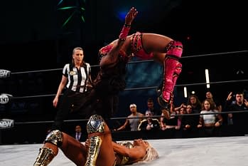 Photo from Red Velvet vs. Jade Cargill for the TNT Championship on AEW Dynamite 4/14/2021 - will this be your next Zoom virtual background? [Photo Credit: All Elite Wrestling]
