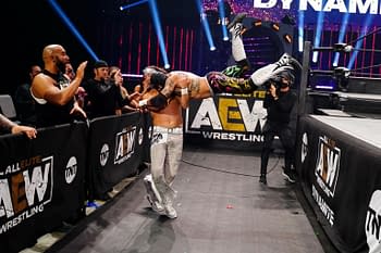 Photo from Young Bucks vs. Pac and Rey Fenix for the TNT Championship on AEW Dynamite 4/14/2021 - will this be your next Zoom virtual background? [Photo Credit: All Elite Wrestling]
