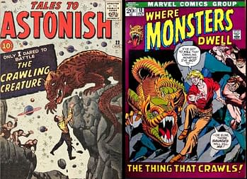 An illustration comparing two comic book covers: 'Tales to Astonish' featuring a large monster attacking a man and 'Where Monsters Dwell' showcasing a vibrant creature with sharp teeth in a dramatic scene.