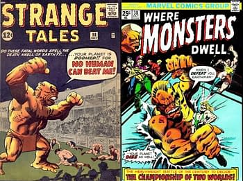 An illustration comparing two comic book covers featuring giant monsters. The left cover is titled 'Strange Tales' showing a powerful creature declaring, 'No human can beat me!' while the right cover is 'Where Monsters Dwell' with a similar creature threatening the Earth.