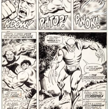 Original comic art from 'The Incredible Hulk' #180 featuring the first appearance of Wolverine, showcasing dynamic illustrations of Hulk and Wolverine in action with dramatic text bubbles.