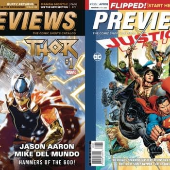 Thor #1 and Justice League #1 on Cover of Next Week's Previews Catalogue