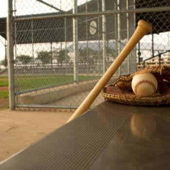 Baseball Glove, Ball, and Bat in Dugout -- David Lee/Shutterstock.com
