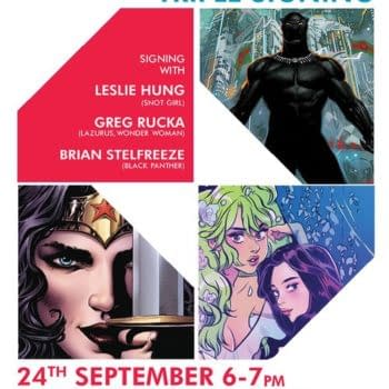 Leslie Hung, Greg Rucka, and Brian Stelfreeze at Gosh Comics This Evening