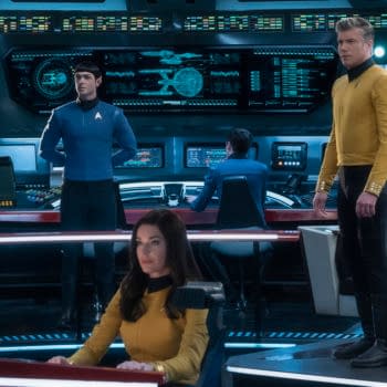 "Q&amp;A" -- Episode SF #007 -- Pictured (l-r): Ethan Peck as Spock; Rebecca Romijn as Number One; Anson Mount as Captain Pike of the the CBS All Access series STAR TREK: SHORT TREKS. Photo Cr: Michael Gibson/CBS ©2019 CBS Interactive, Inc. All Rights Reserved.