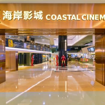 APRIL 09, 2019: Coastal Cinema sign over entrance to movie theater at Coastal City shopping mall in Shenzhen.