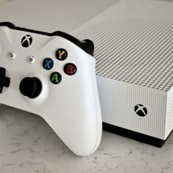 White Xbox One S console and controller from Microsoft.