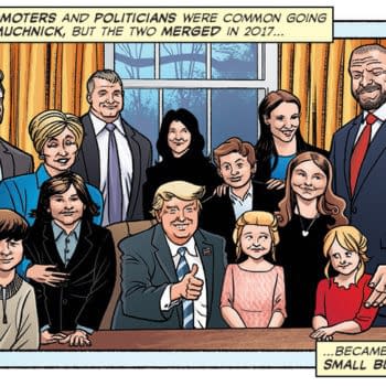 Artist Chris Moreno's interpretation of an actual photo of The McMahon family visiting their friend Donald Trump in the Oval Office, from the Comic Book Story of Professional Wrestling.