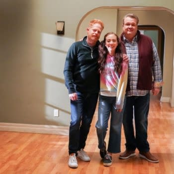 Jesse Tyler Ferguson, Eric Stonestreet, and Aubrey Anderson-Emmons pose behind the scenes during the final season of Modern Family, courtesy of ABC.
