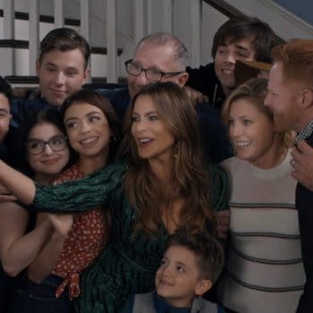 Phil, Mitch, Cam, Claire, Jay, Gloria, and the rest of the family gather for another group hug selfie on Modern Family, courtesy of ABC.