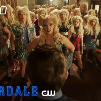 Kevin and the musical's cast confront the school's administration in Riverdale, courtesy of The CW.