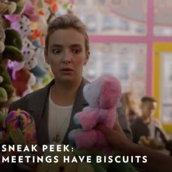 Jodie Comer as Villanelle making an interesting purchase in Killing Eve, courtesy of BBC America.