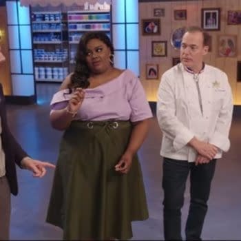 Host Nicole Byer, co-host Jacques Torres, and guest judge Adam Scott discuss their decisions on Nailed It, courtesy of Netflix.