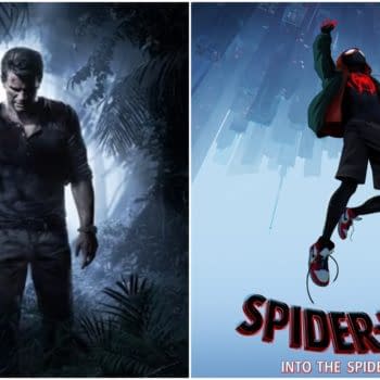 L: Official art for Uncharted 4: A Thief's End. Credit: Naughty Dog. R: The official poster for Spider-Man: Into the Spider-Verse. Credit: Sony Animation.