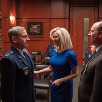 Maggie introduces her husband Gen. Naird to a supporter of the Space Force program, courtesy of Netflix.