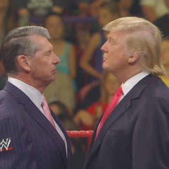 Vince McMahon and Donald Trump in a storyline face-off, courtesy of WWE.