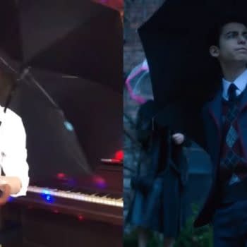Aidan Gallagher at Number Five in The Umbrella Academy, courtesy of Netflix.