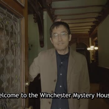 A still from the Crunchyroll interview with Junji Ito, wherein Ito welcomes his audience to the Winchester Mystery House.