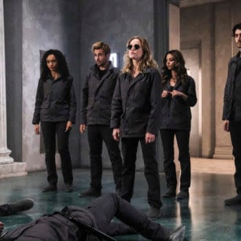 Legends of Tomorrow -- "Swan Thong" -- Image Number: LGN515a_0012b.jpg -- Pictured (L-R): Olivia Swan as Astra, Matt Ryan as Constantine, Caity Lotz as Sara Lance/White Canary, Tala Ashe as Zari and Shayan Sobhian as Behrad Taraz -- Photo: Bettina Strauss/The CW -- © 2020 The CW Network, LLC. All Rights Reserved.