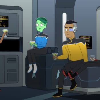 Pictured (l-r): Tawny Newsome as Ensign Mariner, Noel Wells as Ensign Tendi, Eugene Cordero as Ensign Rutherford, Jack Quaid as Ensign Boimler of the CBS All Access original series, STAR TREK: LOWER DECKS. Photo Cr: Best Possible Screen Grab CBS 2020 CBS Interactive, Inc. All Rights Reserved.