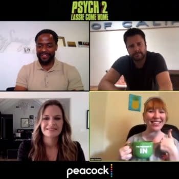 A scene from Bleeding Cool's interview with the cast from Psych 2: Lassie Come Home