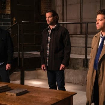 Supernatural -- "Our Father, Who Aren't in Heaven" -- Image Number: SN1508A_0093b.jpg -- Pictured (L-R): Jensen Ackles as Dean, Jared Padalecki as Sam and Misha Collins as Castiel -- Photo: Colin Bentley/The CW -- © 2019 The CW Network, LLC. All Rights Reserved.