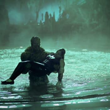 Swamp Thing -- "Drive All Night" -- Image Number: SWP105c_0057 V2 -- Pictured (L - R): Virginia Madsen as Maria Sunderland and Derek Mears as Swamp Thing -- Photo: Fred Norris / 2020 Warner Bros. Entertainment Inc. -- © 2020 Warner Bros. Entertainment Inc. All Rights Reserved.
