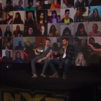 Footage from last night's WWE NXT, showing Jessi Davin on the bottom row directly to the right of Tyler Breeze, though she wasn't actually in attendance.
