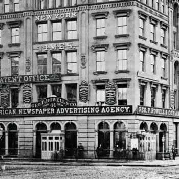 The New York Times Building, Park Row, circa 1873. Tim Flynn's Billiard Hall basement entrance visible foreground right.