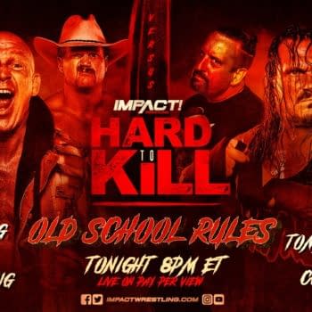 Match graphic for Eric Young, Joe Doering, and Deaner vs. Tommy Dreamer, Rhino, and Cousin Jake at Impact Hard to Kill
