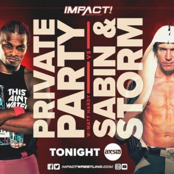 Match graphic for Private Party (with Matt Hardy) vs. Chris Sabin and James Storm on Impact Wrestling