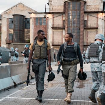 OUTSIDE THE WIRE, ​Damson Idris as Harp, Anthony Mackie ​as ​Leo, in OUTSIDE THE WIRE. Cr. ​Jonathan Prime​/NETFLIX ​© ​2020